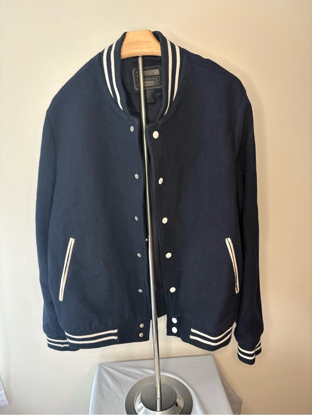 21men Navy Bomber-Style Varsity Wool Blend Jacket with White Trim
